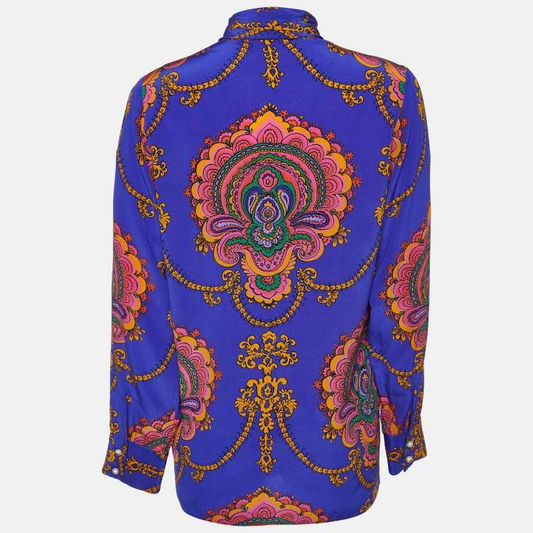 مملوكة مسبقًا Gucci Blue Paisley Print Silk Button Front Blouse M