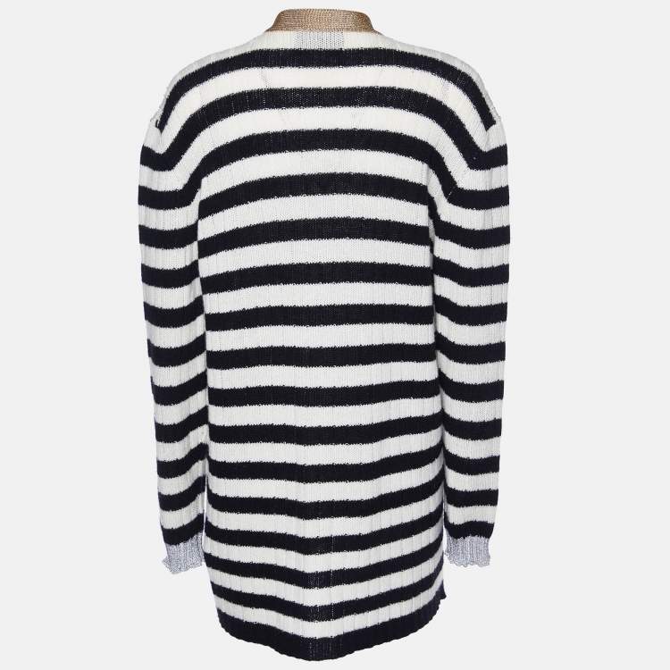 Pre Owned Gucci Monochrome Striped Cashmere & Wool Knit Embroidered Cardigan M