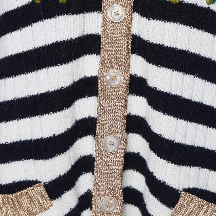 Pre Owned Gucci Monochrome Striped Cashmere & Wool Knit Embroidered Cardigan M