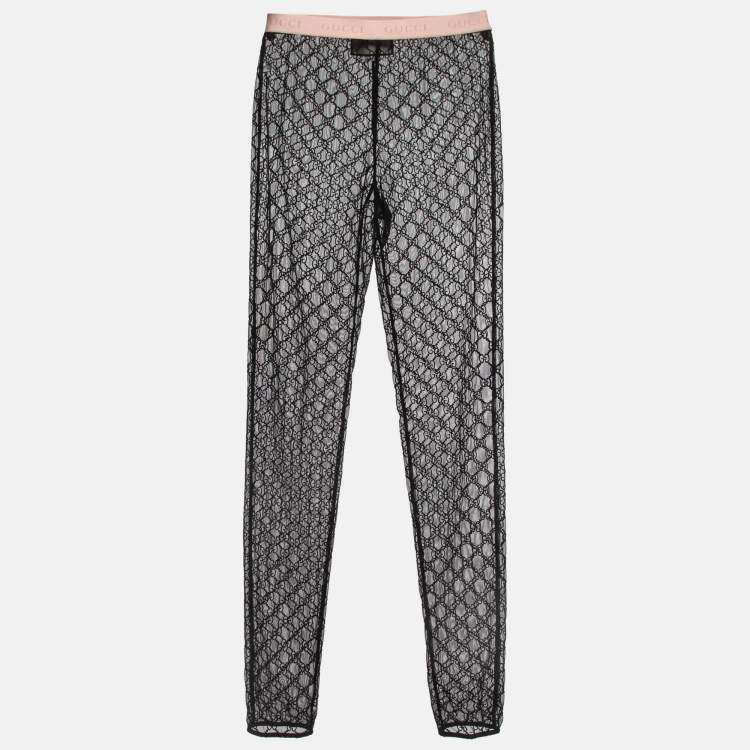 Pre Owned Gucci Black Logo Embroidered Tulle Sheer Leggings M