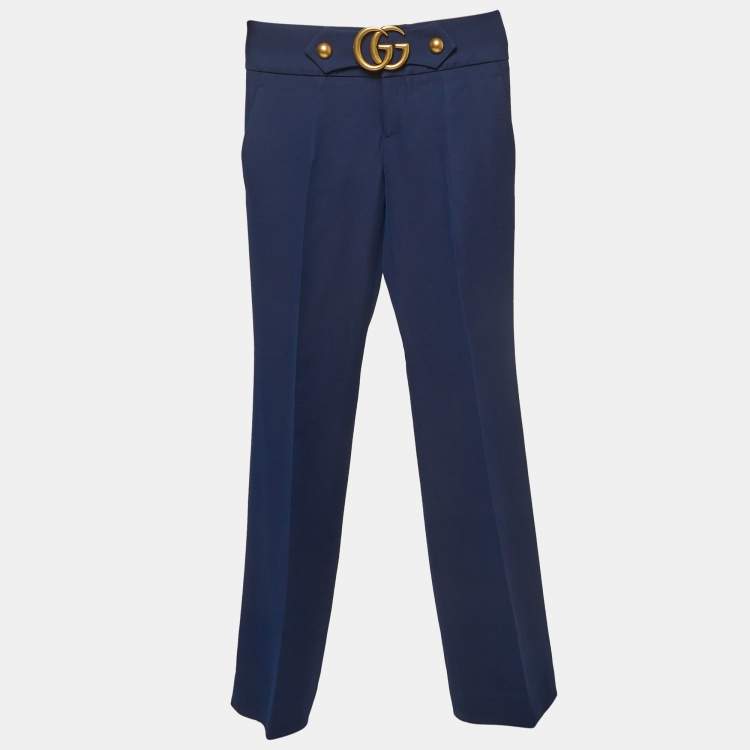 Pre Owned Gucci Blue Double Stretch Jersey GG Marmont Buckle Detail Trousers S