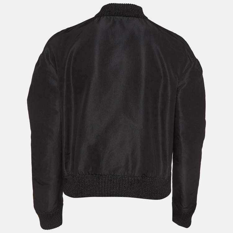 Pre Owned Gucci Black Floral Embroidered Synthetic Bomber Jacket M