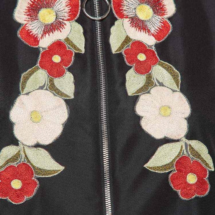 Pre Owned Gucci Black Floral Embroidered Synthetic Bomber Jacket M