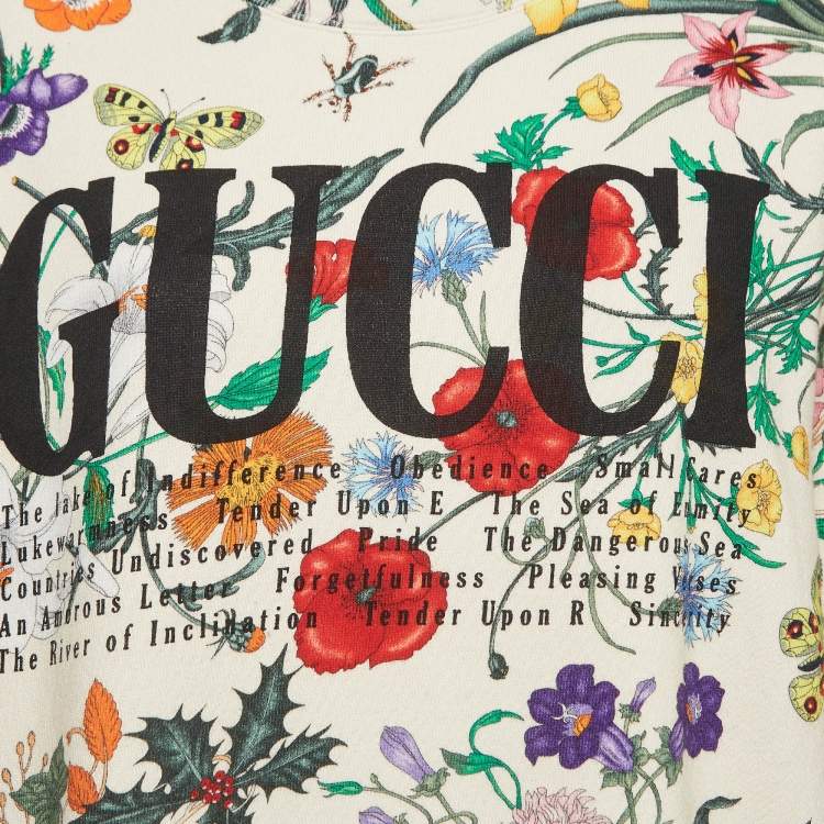 Pre Owned Gucci Cream Flora Print Cotton Crewneck Oversized Sweatshirt M