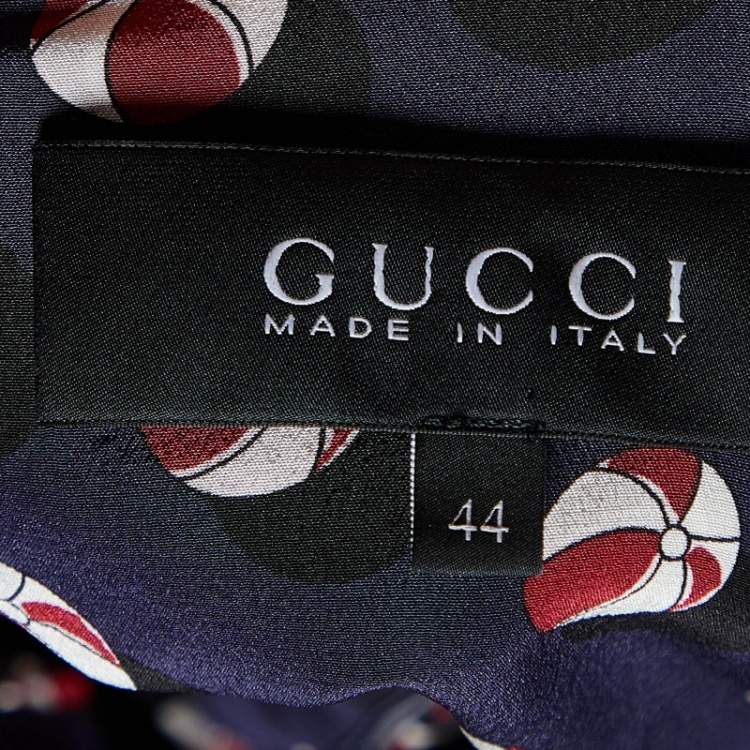 Pre Owned Gucci Navy Blue Printed Silk Flared Midi Dress M