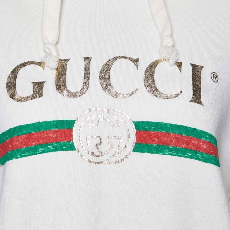 Pre Owned Gucci Cream Blind For Love Embroidered Cotton Distressed Hoodie S
