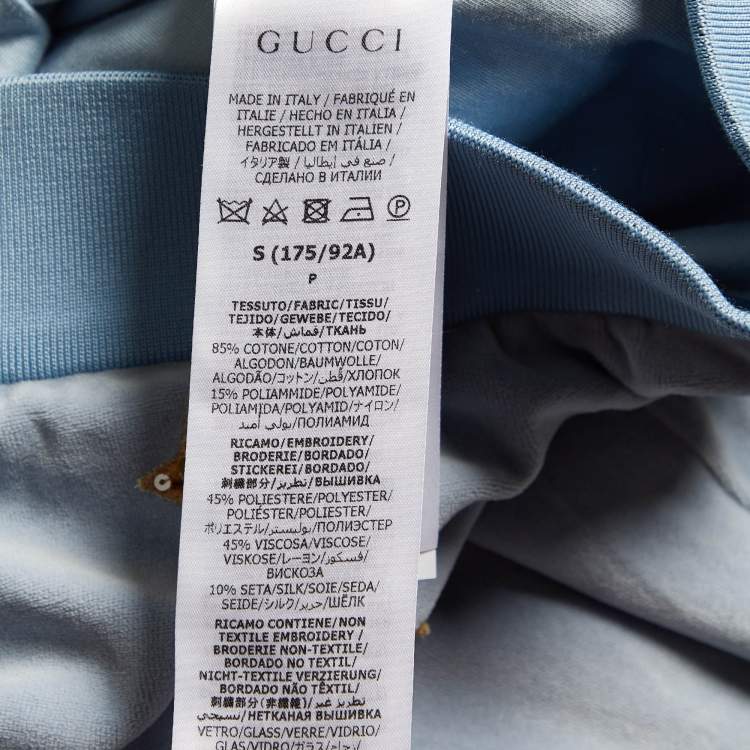 Pre Owned Gucci Blue Embroidered Velvet Zip Up Bomber Jacket S