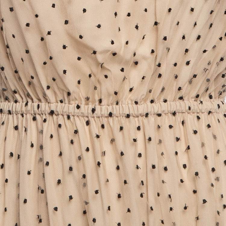 Pre Owned Gucci Beige Dot Embroidered Tulle One Shoulder Maxi Dress M