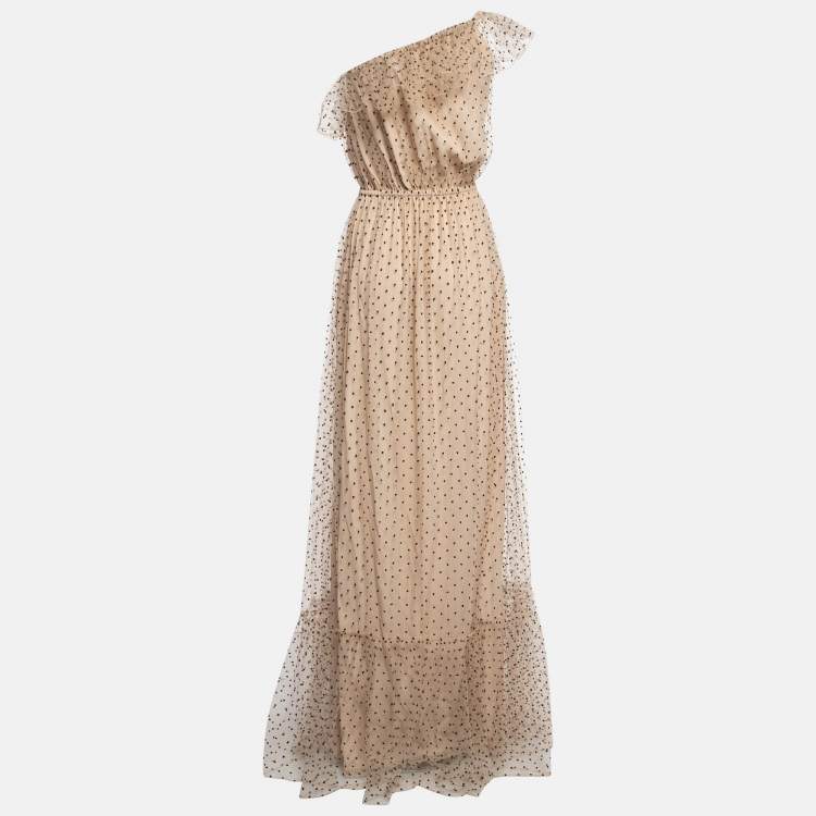 Pre Owned Gucci Beige Dot Embroidered Tulle One Shoulder Maxi Dress M