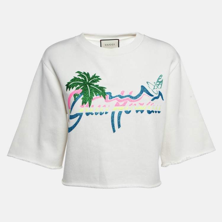 Pre Owned Gucci White Hawaii Glitter Print Cotton Cropped Sweatshirt XS
