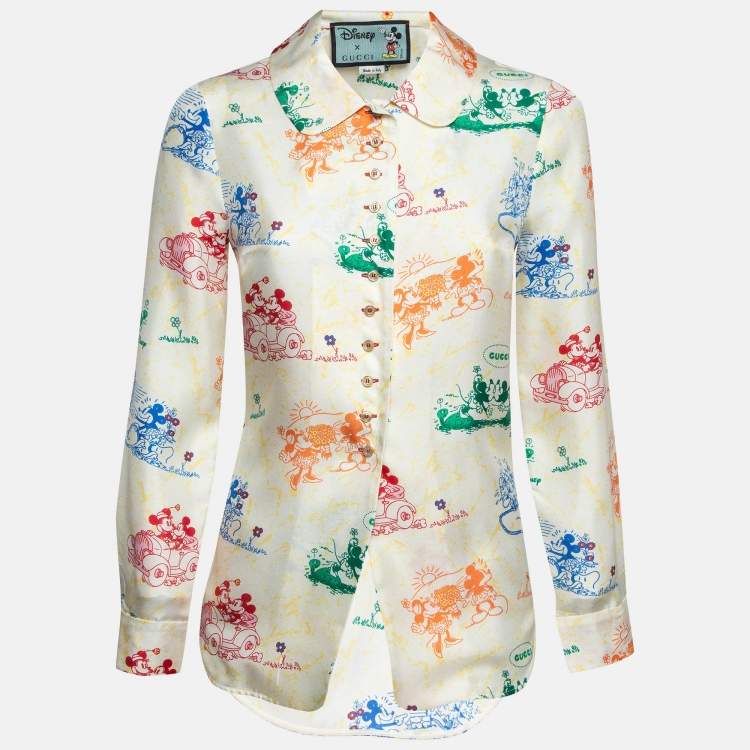 Pre Owned Disney x Gucci Cream Printed Silk Pajama Shirt XS