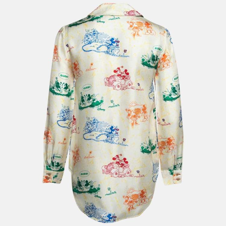 Pre Owned Disney x Gucci Cream Printed Silk Pajama Shirt XS
