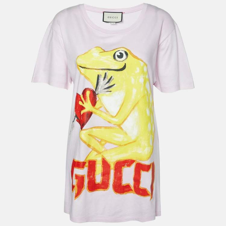 Pre Owned Gucci Pink Frog Logo Print Cotton Crew Neck T-Shirt S