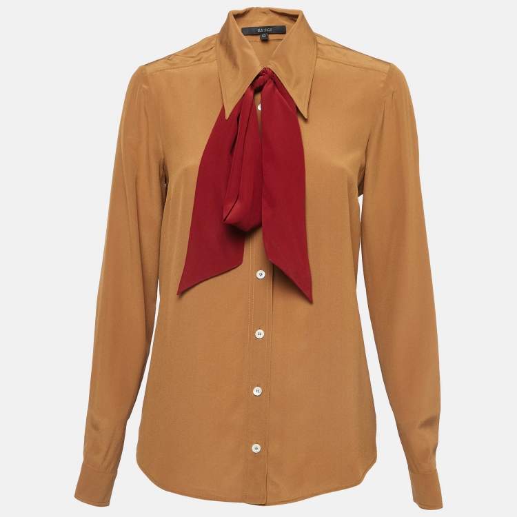 Pre Owned Gucci Brown Silk Neck Tie-Up Shirt M