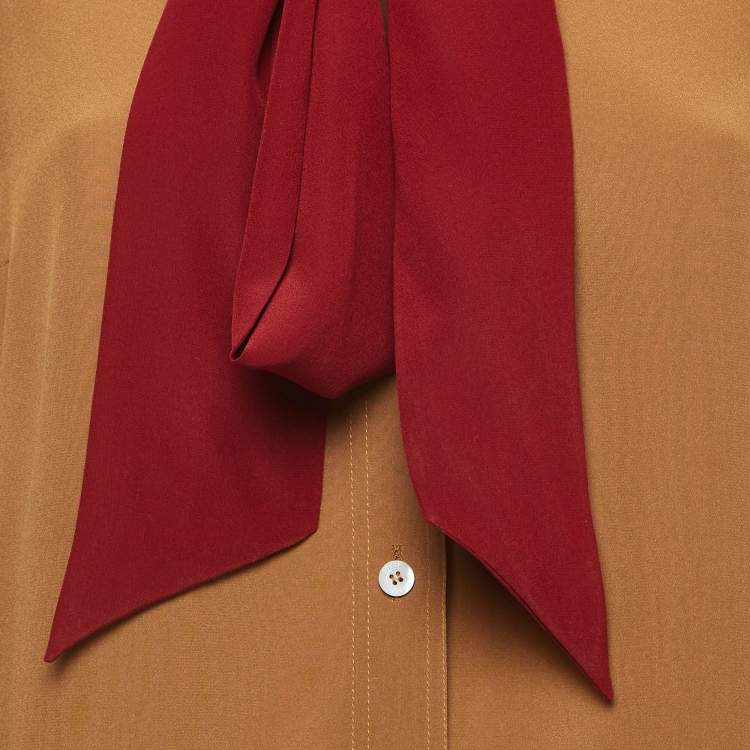 Pre Owned Gucci Brown Silk Neck Tie-Up Shirt M