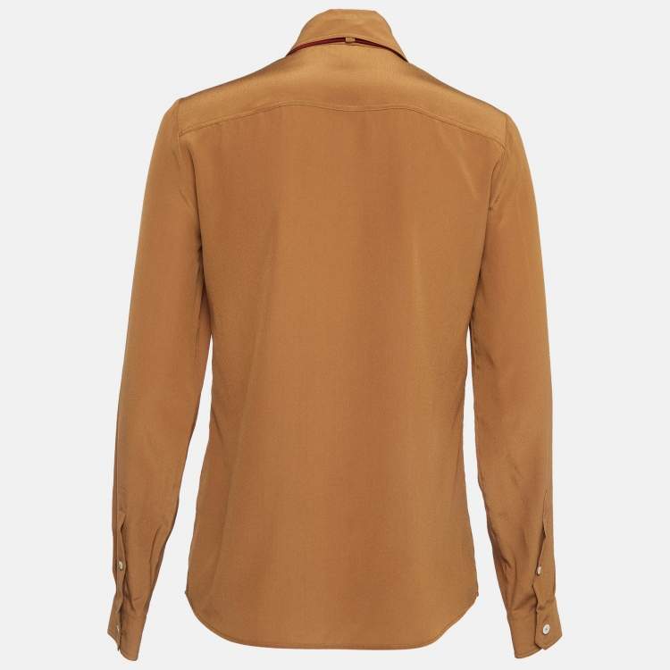 Pre Owned Gucci Brown Silk Neck Tie-Up Shirt M