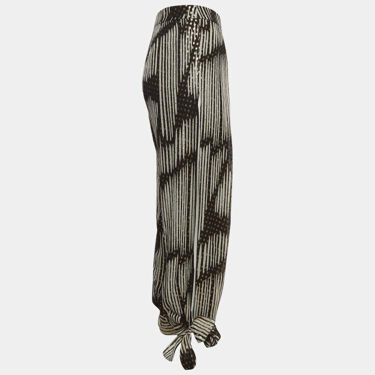 Pre Owned Gucci Black & White Silk Brocade Tie Up Pants S
