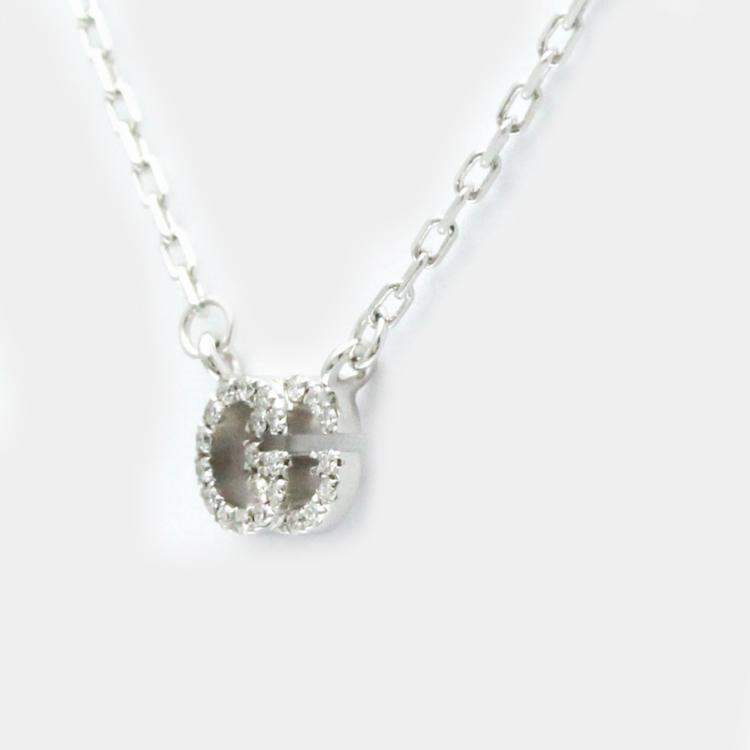 Pre Owned Gucci Silver 18K White Gold Diamond GG Running Diamond Necklace