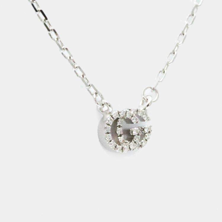 Pre Owned Gucci Silver 18K White Gold Diamond GG Running Diamond Necklace