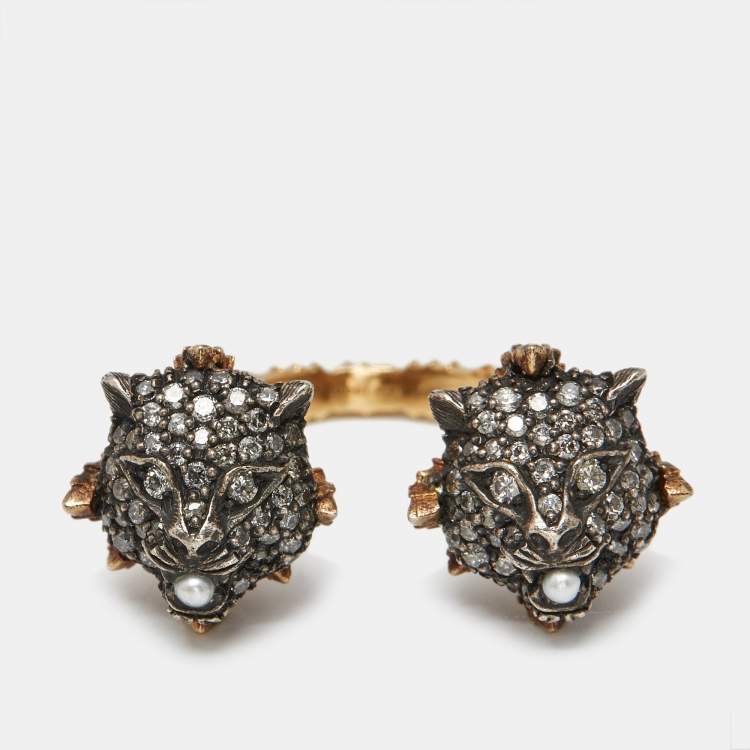 Pre Owned Gucci Le Marche Des Marveilles Pearl Diamonds 18k Two Tone Gold Ring Size 49