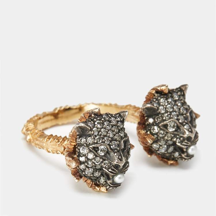 Pre Owned Gucci Le Marche Des Marveilles Pearl Diamonds 18k Two Tone Gold Ring Size 49