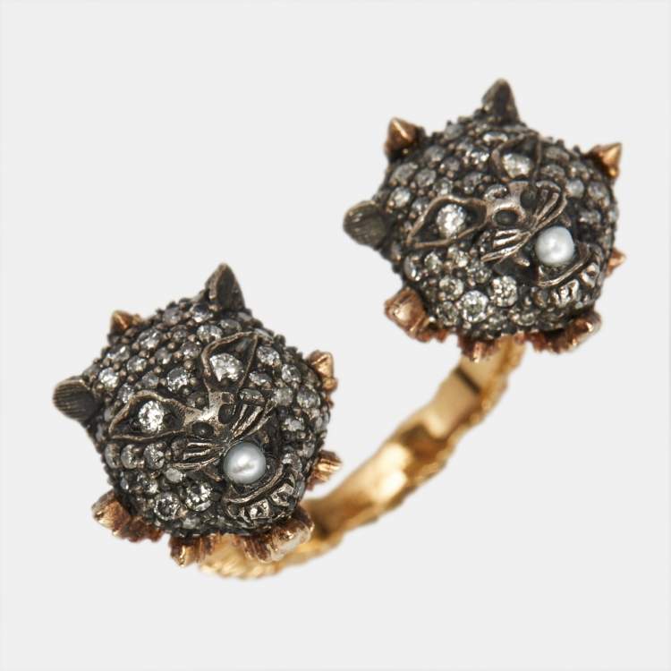 Pre Owned Gucci Le Marche Des Marveilles Pearl Diamonds 18k Two Tone Gold Ring Size 49