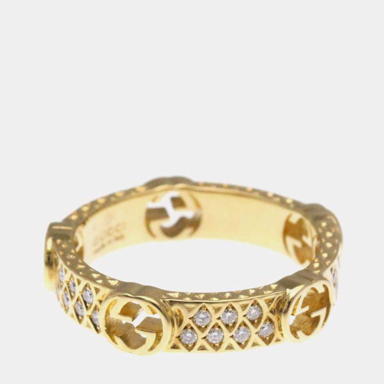 Pre Owned Gucci Interlocking G Diamond Ring 18K Yellow Gold Fashion Diamond Band Ring 