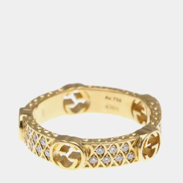 Pre Owned Gucci Interlocking G Diamond Ring 18K Yellow Gold Fashion Diamond Band Ring 