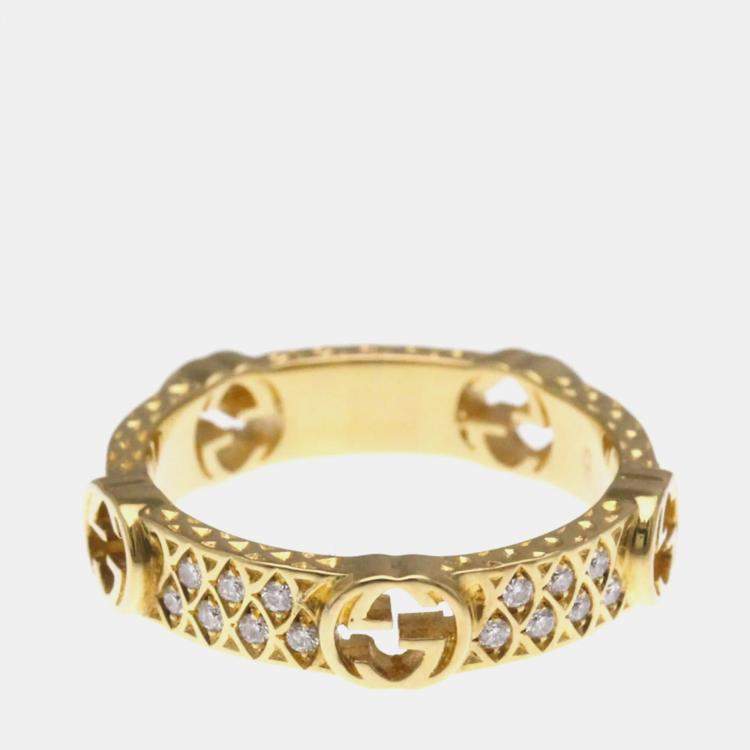 Pre Owned Gucci Interlocking G Diamond Ring 18K Yellow Gold Fashion Diamond Band Ring 