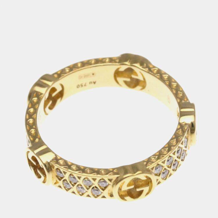Pre Owned Gucci Interlocking G Diamond Ring 18K Yellow Gold Fashion Diamond Band Ring 
