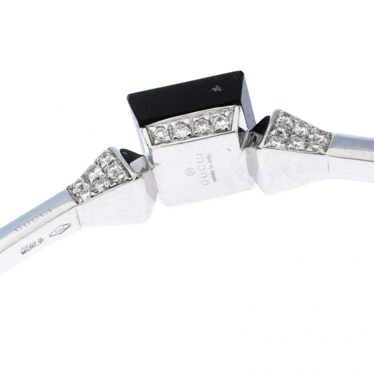 Pre Owned Gucci Chiodo Onyx Diamond 18K White Gold Hoop Earrings