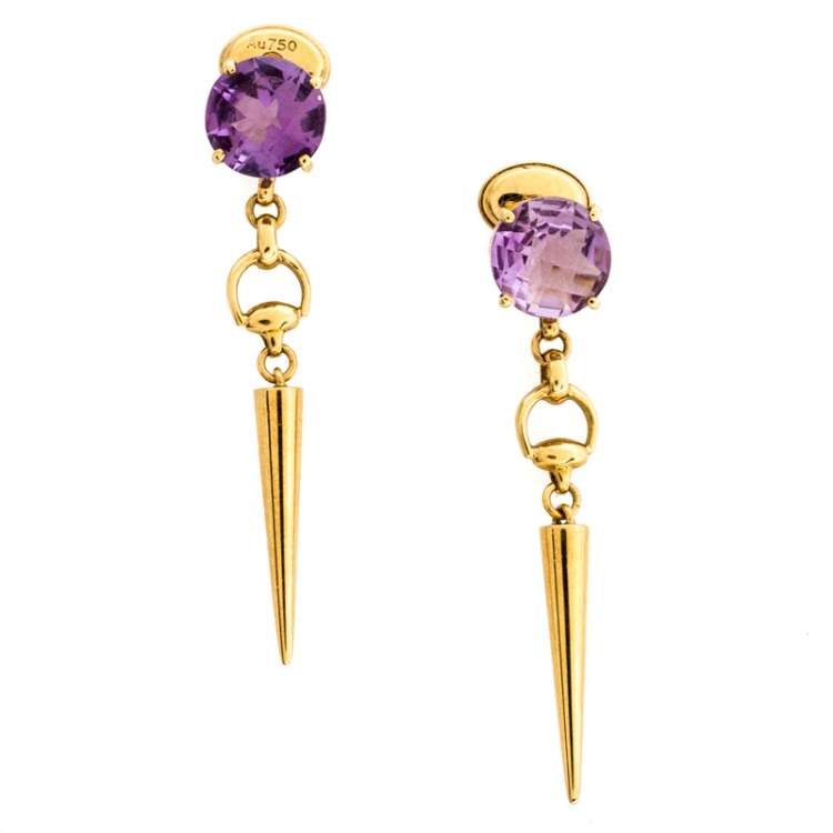 Pre Owned Gucci Horsebit Amethyst 18K Yellow Gold Spike Drop Earrings