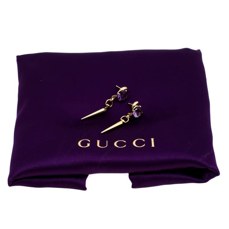 Pre Owned Gucci Horsebit Amethyst 18K Yellow Gold Spike Drop Earrings