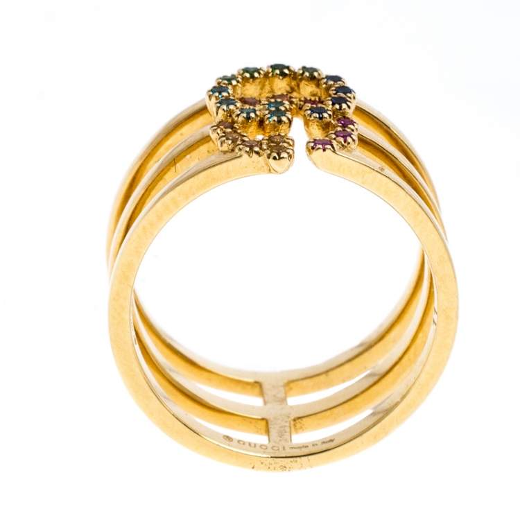 Pre Owned Gucci GG Running Multicolor Gemstones 18K Yellow Gold Ring Size 50.5
