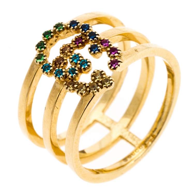 Pre Owned Gucci GG Running Multicolor Gemstones 18K Yellow Gold Ring Size 50.5