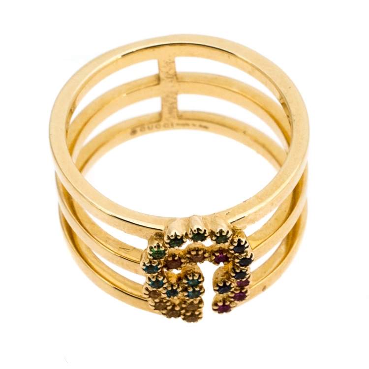 Pre Owned Gucci GG Running Multicolor Gemstones 18K Yellow Gold Ring Size 50.5