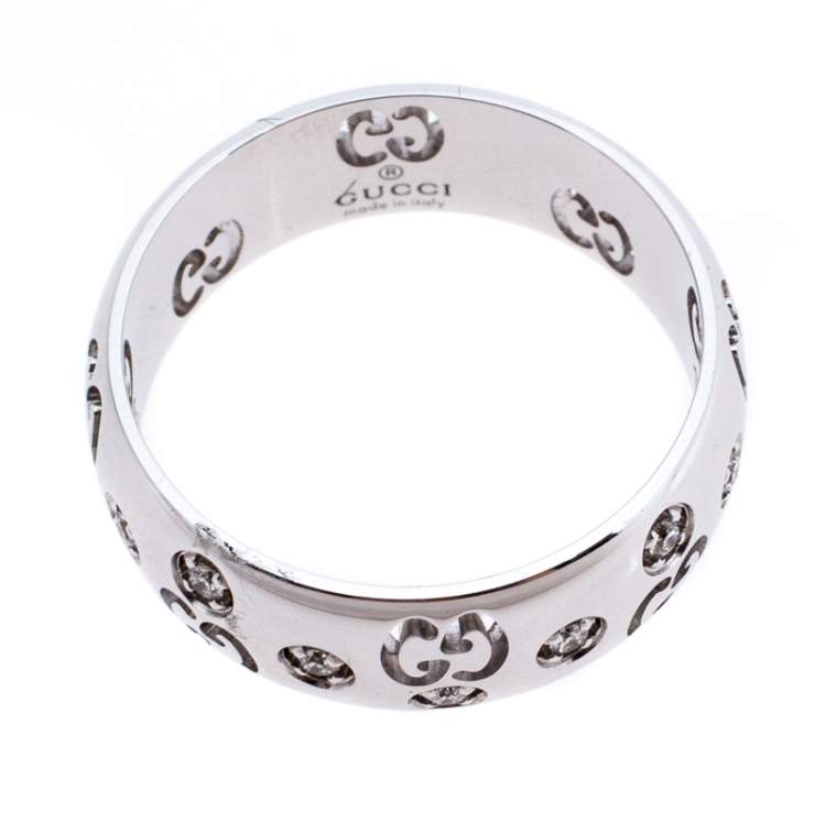 Pre Owned Gucci Icon Bold Diamond 18K White Gold Band Ring Size 50