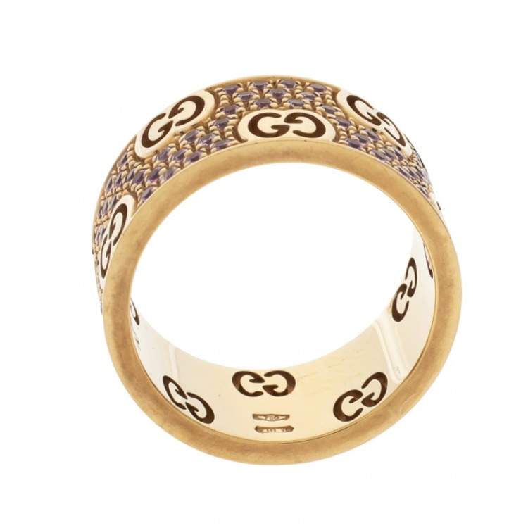 Pre Owned Gucci Icon Stardust Pink Sapphire 18K Rose Gold Band Ring Size 52