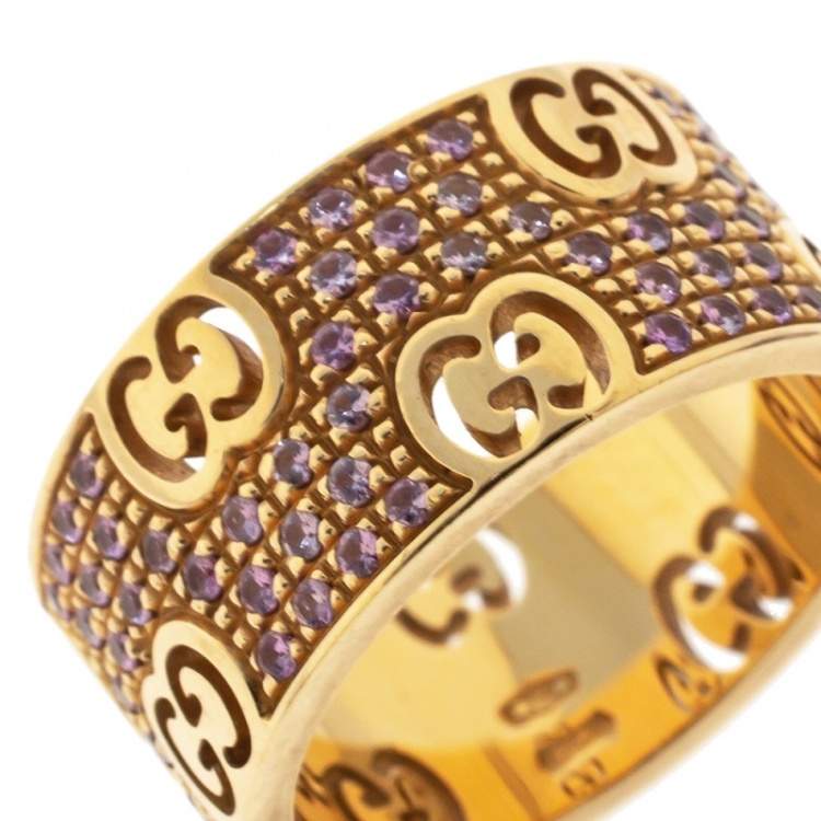 Pre Owned Gucci Icon Stardust Pink Sapphire 18K Rose Gold Band Ring Size 52