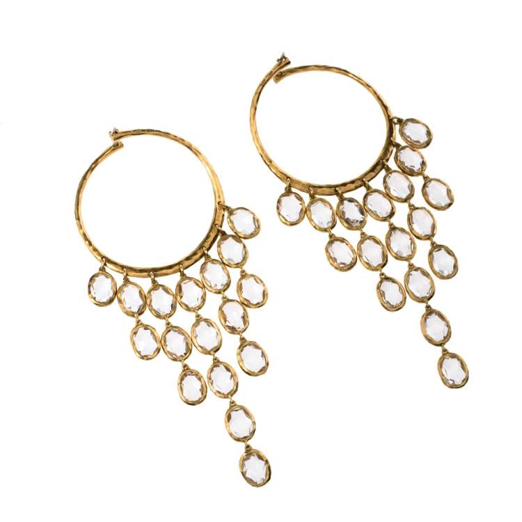 Pre Owned Gucci Crystal Hammered 18K Yellow Gold Dangle Hoop Earrings