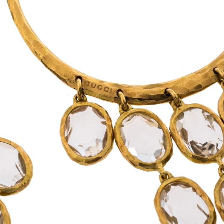 Pre Owned Gucci Crystal Hammered 18K Yellow Gold Dangle Hoop Earrings