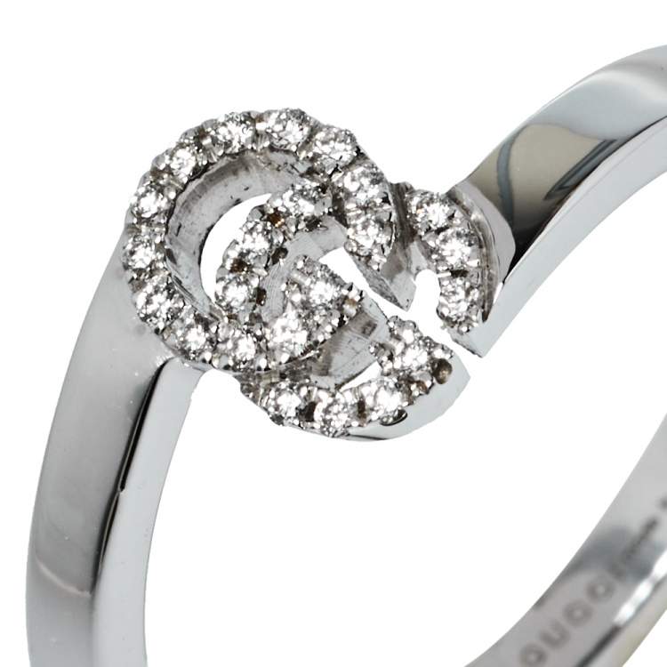 Pre Owned Gucci GG Running Diamond 18K White Gold Stack Ring Size 50
