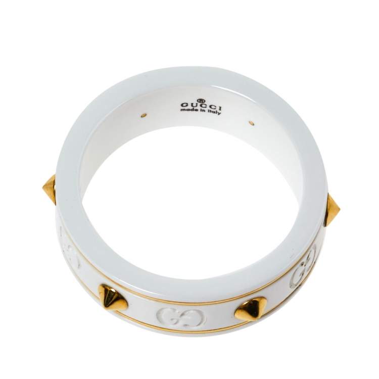 Pre Owned Gucci Icon White Zirconia 18K Yellow Gold Ring Size 59
