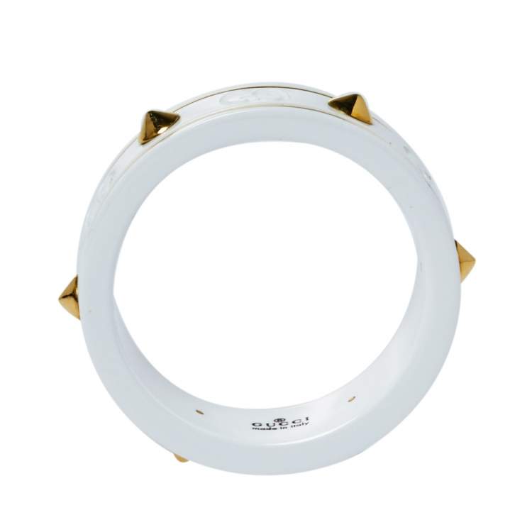 Pre Owned Gucci Icon White Zirconia 18K Yellow Gold Ring Size 59