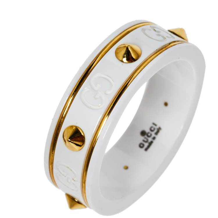 Pre Owned Gucci Icon White Zirconia 18K Yellow Gold Ring Size 59