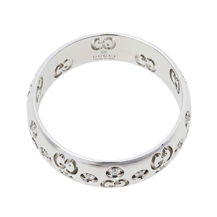 Pre Owned Gucci Icon Diamond 18K White Gold Bold Ring Size 57