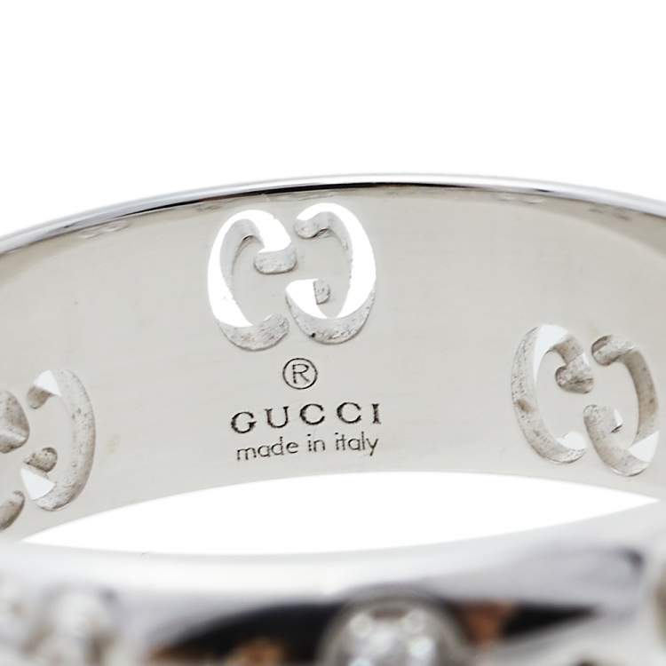 Pre Owned Gucci Icon Diamond 18K White Gold Bold Ring Size 57
