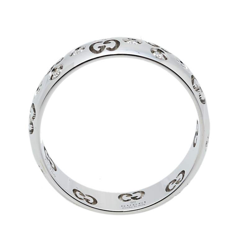 Pre Owned Gucci Icon Diamond 18K White Gold Bold Ring Size 57