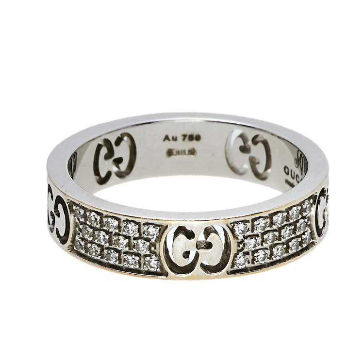 Pre Owned Gucci Icon Diamond 18k White Gold Band Ring Size 50