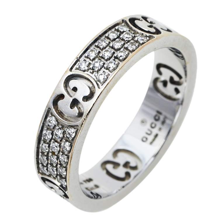 Pre Owned Gucci Icon Diamond 18k White Gold Band Ring Size 50